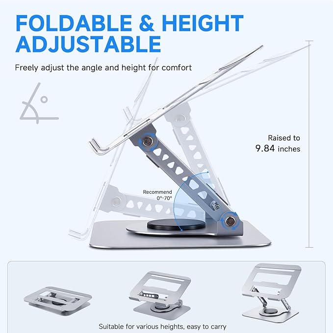 Leeboom Laptop Stand for Desk, Ergonomic 360° Rotating Aluminum Laptop Riser, Adjustable Notebook Holder Compatible with MacBook Air/Pro, Dell, HP, Lenovo (10-15.6 Inch, Silver)