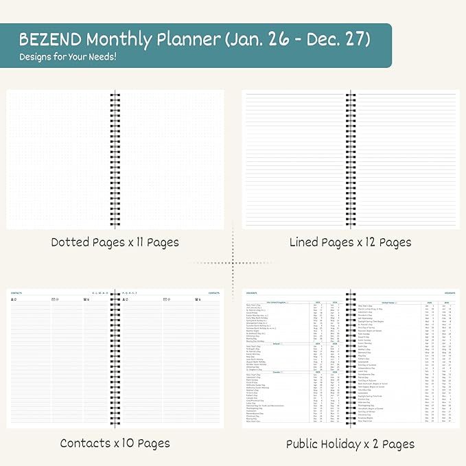BEZEND Monthly Planner 2026-2027 (Spiral-7" x 9") 2 Year Calendar Book with Note Pages - Jan 26 to Dec 27-120 GSM Paper, Inner Pockets, Laminated Tabs, Vegan Leather Softcover - Black