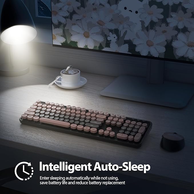 Fogruaden Pink Keyboard and Mouse Wireless, Retro Typewriter Keyboard, 2.4GHz 104 Keys Full Size Cute Keyboard with Number Pad, Gradient Colorful Round Keycaps for Windows PC Desktops Laptop