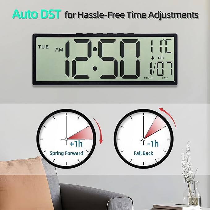 Digital Wall Clock Battery Operated, 15" Digital Clock Large Display with Date and Day of Week, Large Number with Temperature, Auto DST, Alarm, Snooze, 12/24-hour for Desk Office