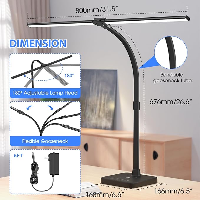 ShineTech LED Desk Lamp for Home Office, 24W Double Head Desk Light with Wireless Charging, USB Port, Adjustable Gooseneck Lamps, 5000K Daylight White