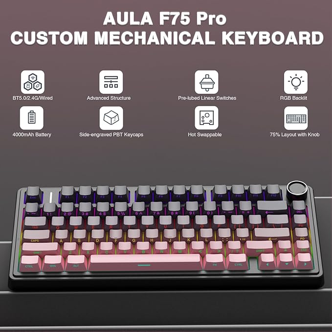 AULA F75 Pro Wireless Mechanical Keyboard,75% Hot Swappable Custom Keyboard,RGB Backlit,Pre-lubed Reaper Switches,Side Printed PBT Keycaps Mechanical Gaming Keyboards, Pink&Black