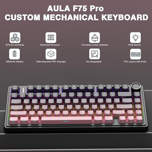 AULA F75 Pro Wireless Mechanical Keyboard,75% Hot Swappable Custom Keyboard,RGB Backlit,Pre-lubed Reaper Switches,Side Printed PBT Keycaps Mechanical Gaming Keyboards, Pink&Black