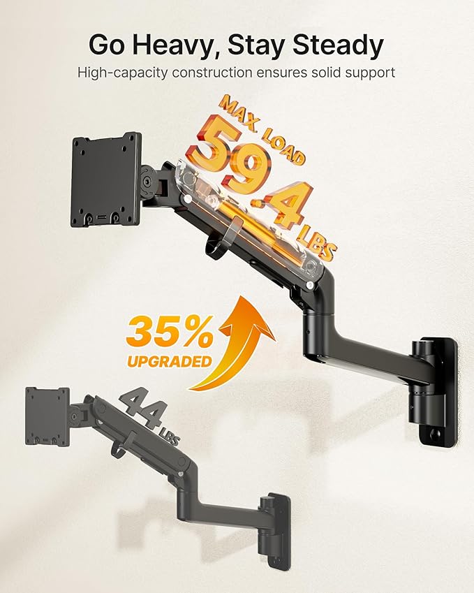 monTEK Monitor Wall Mount for 17-57“ up to 59.4 lbs Ultrawide Screens, Single Heavy-Duty Aluminum Gas Spring Monitor Arm with Full Motion Adjustment, VESA 75x75/100x100 Compatible, Black