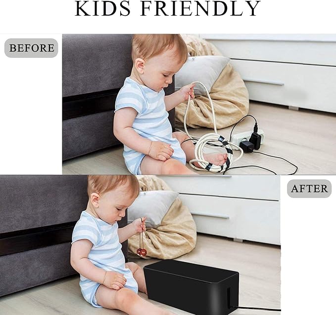 [Set of 3] 3 Cable Management Boxes + 3 Wire Ties, Large Cord Box Organizers to Hold and Hide Power Strip Charger Adapter Power Cord Charging Station USB HUB (Black)