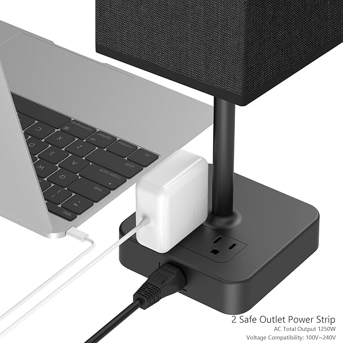 Bedside Table Lamp with Touch Control & USB C+A Charging Ports LED Desk Lamp with 2 AC Outlets, Minimalist Nightstand Light with Black Fabric Shade for Bedroom, Living Room, Office, Black