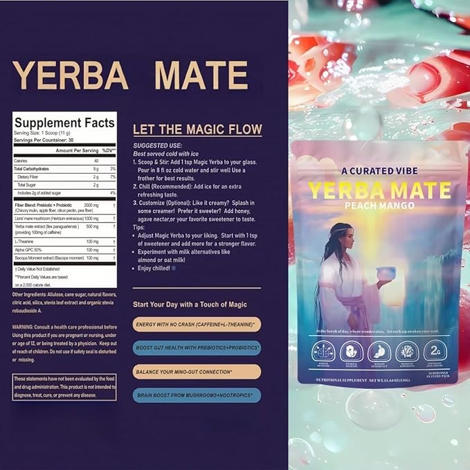 Yerba Mate Instant Tea Powder - Peach-Mango Flavor Super Drink - 4-in-1 Functional Blend with Prebiotics - Mental Clarity - Clean Energy & Digestive Support - 30 Servings