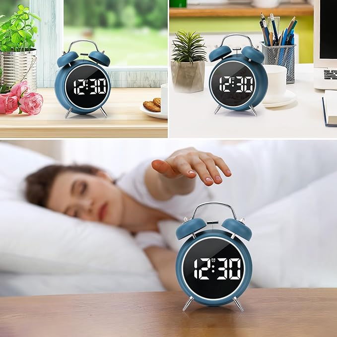 JUSTUP Digital Small Alarm Clock, 4.5 Inch Double Bell Electronic LED Alarm Clock, Plug in or Battery Operated Silent Metal Table Clock, Bedside Loud Bell Clock for Heavy Sleepers Adults Kids (Blue)