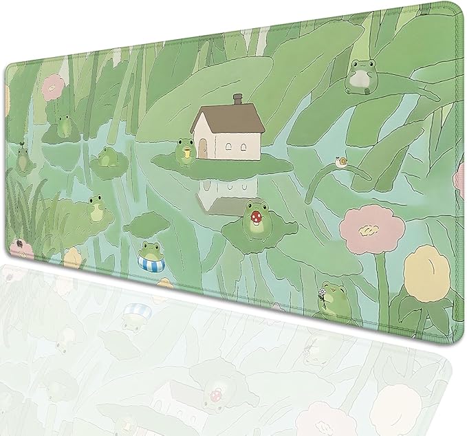 Cute Frog Desk Mat Mouse Pad,Cartoon Frog Desk Pad,Kawaii Green Desk Decor,Lotus Leaves and Flowers Desk Mat for Frog Desktop,Stitched Edges Non-Slip Rubber Base Mouse Mat for Office Home Work
