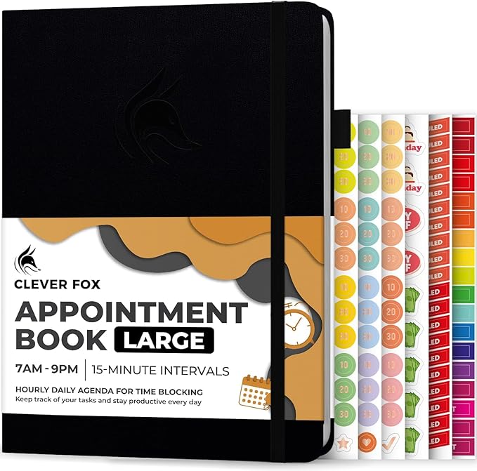 Clever Fox Appointment Book – Hourly Schedule Planner with 15-Minute Increments – Time Box Planner for Daily Work & To-Dos – Weekly & Monthly Spreads, Undated, Hardcover, 8.3x11″ (Black)