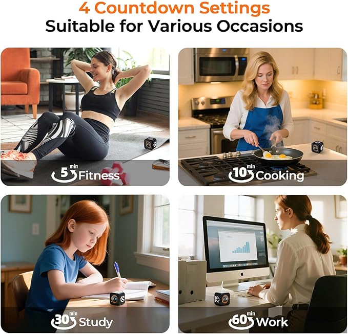 EooCoo Pomodoro Timer Cube, Visual Focus Timer with Gravity, Countdown 5/10/25/50 Min, Adjustable Silent, Rechargeable Productivity Tool for Office, Kitchen, Gym, Yoga, Meditation, Classroom