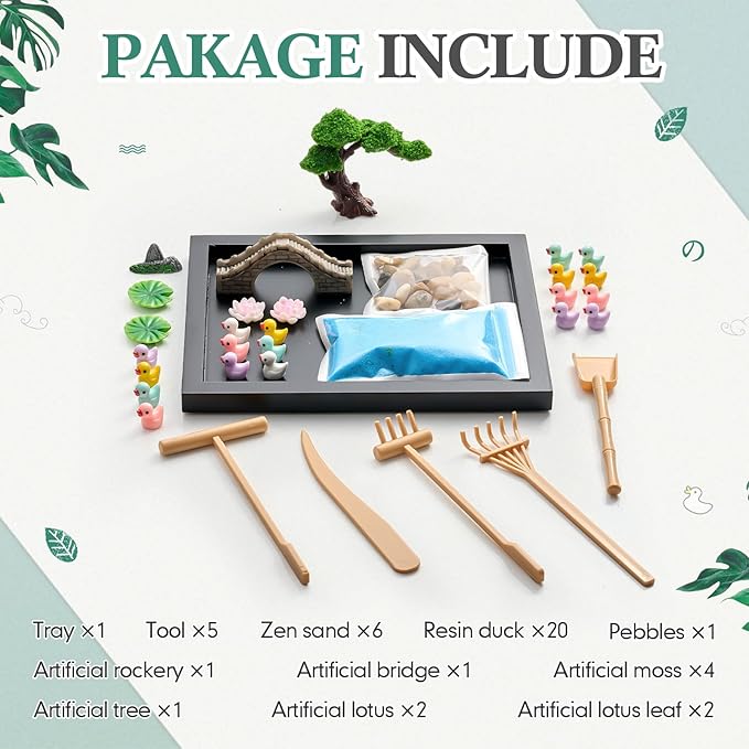 Soulchen Zen Garden Kit for Desk Decor Zen Sand Garden Box Set with Black Wooden Tray, Blue Sand, Tools & Accessories Japanese Gifts for Desktop Meditation Room Office Home(Duck)