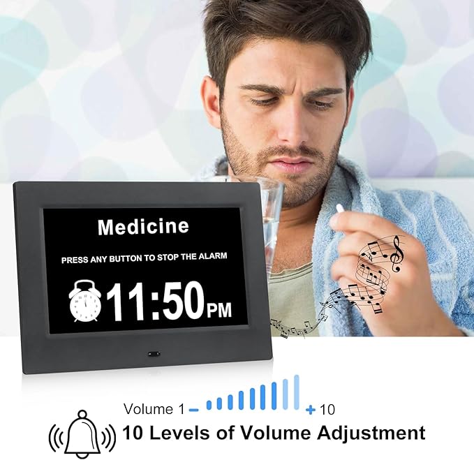 Black Clock with Day and Date for Elderly Dementia Patients-Large Number Digital Clocks for Seniors-Digital Calendar Day Clock for Seniors Large with 12 Alarms, Auto Dimming