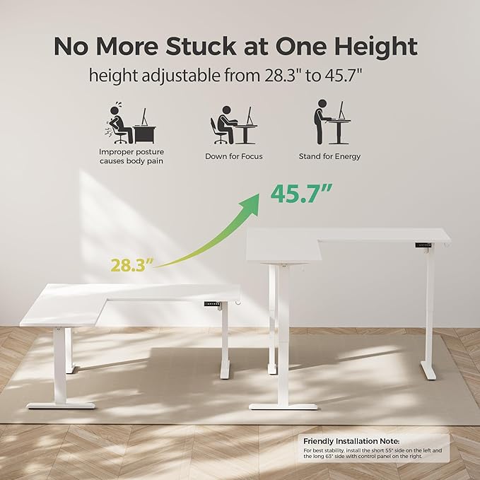 Agilestic 75 Inch L Shaped Standing Desk Adjustable Height, Corner Standing Desk, Sit Stand Up Computer Table, Splice Board, White