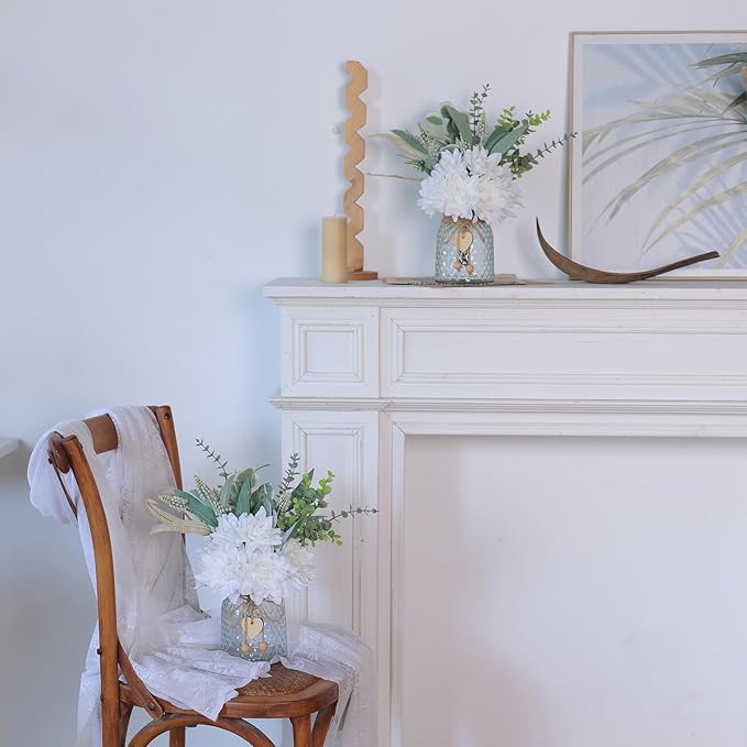Faux Flowers with Vase,Artificial Silk Flowers in Vase, Fake Plant Eucalyptus and Willow,Flower Arrangement for Home Farmhouse kitchen Dining Table Centerpiece Decorations Coffee Table Decor (White)