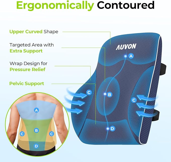 AUVON Lumbar Support Pillow for Office Chair, Lower Back Support, Ergonomic Office Home Essentials Improve Posture, Memory Foam Chair Cushion with Straps for Home, Office, Car (Blue)