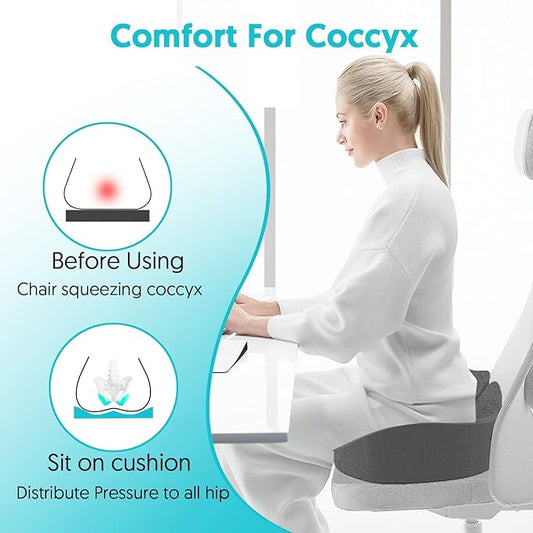 Seat Cushion for Office Chairs - Tailbone & Sciatica & Hip & Coccyx & Low Back Pain Relief Pillow - Memory Foam Pressure Relief Cushion for Long Sitting for Gaming, Compute, Desk Chair, Car Seat