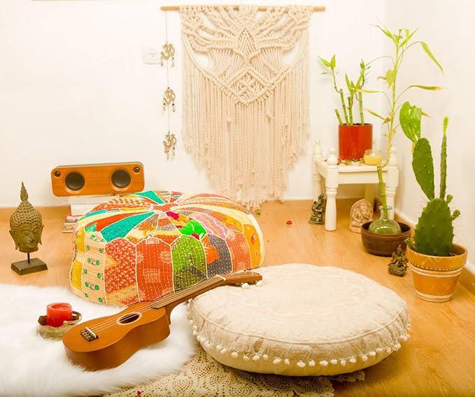 Mandala Life ART Indian Vintage Colorful Pouf Ottoman Cover Handmade Round Floor Cushion Pillow Patchwrok Recycled Cotton Bohemian Room Décor for Yoga and Boho Chic Seating Area 24x8 Unstuffed