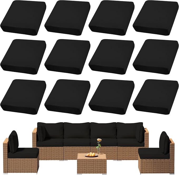 12Pcs Outdoor Cushions Covers Waterproof, Patio Cushion Covers, Stretch Cushion Covers Replacement,Cushion Slipcovers, Furniture Cushion Covers (Black 1, 12PCS)