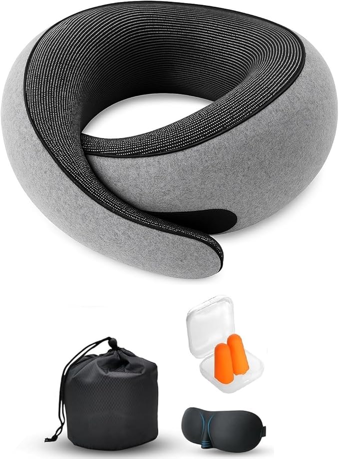 Travel Pillow, Travel Pillows for Airplanes, 100% Pure Memory Foam Travel Neck Pillow with Eye Mask & Ear Plugs, Comfort and Ergonomic Design, Ideal for Airplanes, Cars and Offices