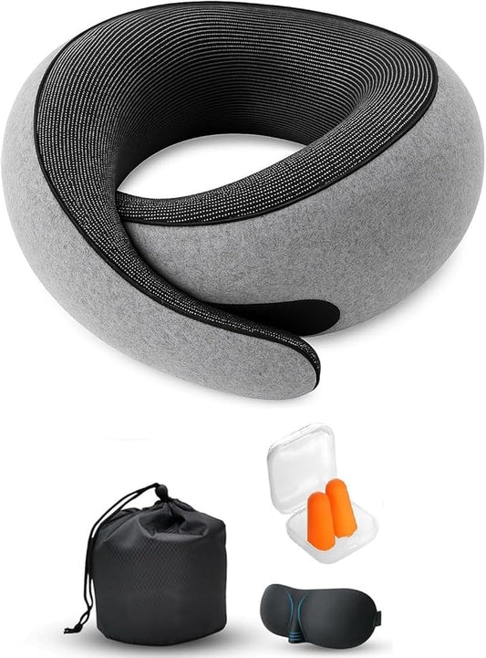 Travel Pillow, Travel Pillows for Airplanes, 100% Pure Memory Foam Travel Neck Pillow with Eye Mask & Ear Plugs, Comfort and Ergonomic Design, Ideal for Airplanes, Cars and Offices