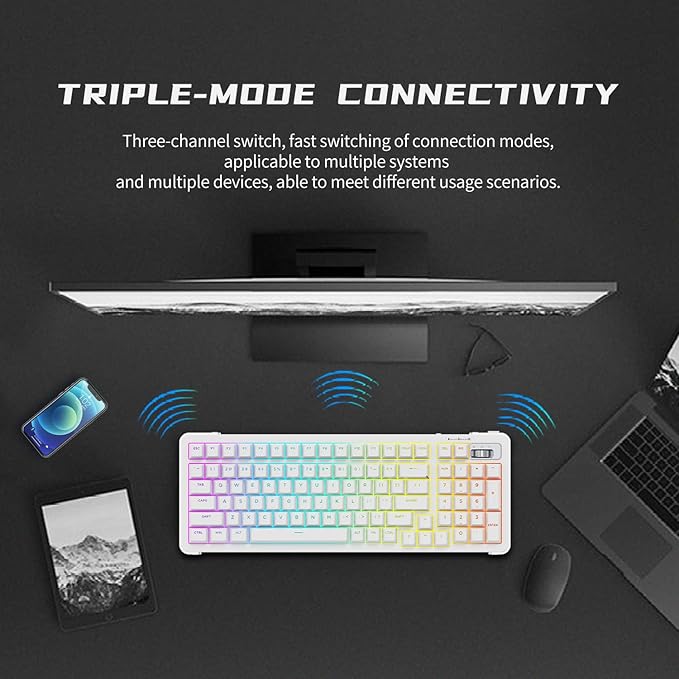 98% Wireless Mechanical Keyboard, BT/2.4G/USB-C Tri-Mode Hot Swappable with PBT Keycaps, Linear Switches, Gasket Structure, RGB Backlit Gaming Keyboard for Win/Mac/iOS/Android (White)
