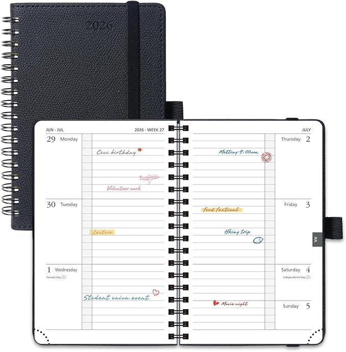 POPRUN 2026 Pocket Planner, (Small Size-4'' x 6.25'') - Daily Weekly and Monthly Calendar Agenda 2026 Appointment Book with Monthly Tabs, Spiral Soft Cover, Inner Pocket, 100 GSM - Black