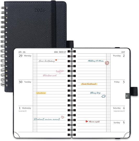 POPRUN 2026 Pocket Planner, (Small Size-4'' x 6.25'') - Daily Weekly and Monthly Calendar Agenda 2026 Appointment Book with Monthly Tabs, Spiral Soft Cover, Inner Pocket, 100 GSM - Black