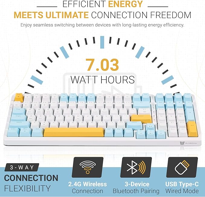 Qisan Wireless/Wired Mechanical Keyboard, Triple Mode 2.4G/USB-C/BT Wireless Gaming Keyboard, 100 Keys (98%) US Layout Brown Switch Rechargeable Ice Blue Backlit Keyboards | Blue & Yellow & White