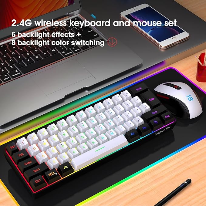 Snpurdiri 2.4G Wireless Gaming Keyboard and Mouse Combo, Include Mini 60% Merchanical Feel RGB Backlit Keyboard, Ergonomic Vertical Feel Small Wireless Mouse(Black and White)
