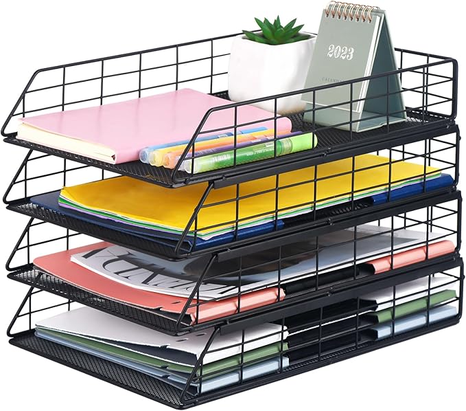 Tunnkit 4 Pack Stackable Letter Tray Paper Organizer, Metal Desk Organizer Tray for Letter/A4 Paper Storage, Suitable for Office, School, Home, Black
