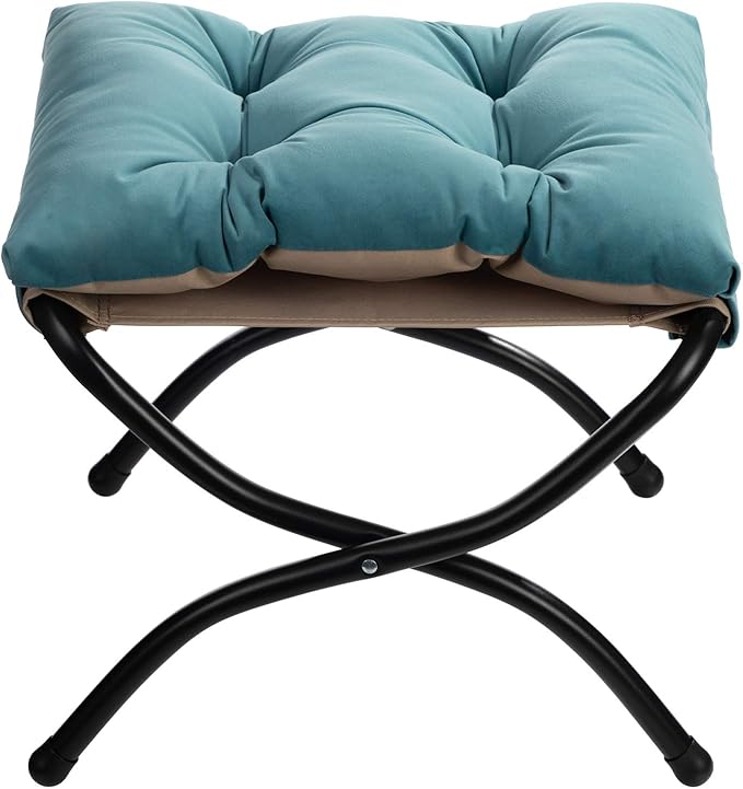 AbocoFur 15"(H) Folding Footrest Stool, Accent Padded Sofa Foot Stool for Lazy Chair, Upholstered Small Foldable Ottoman, Metal Frame Portable Foot Rest Ottoman for Living Room, Bedroom, Lake Blue
