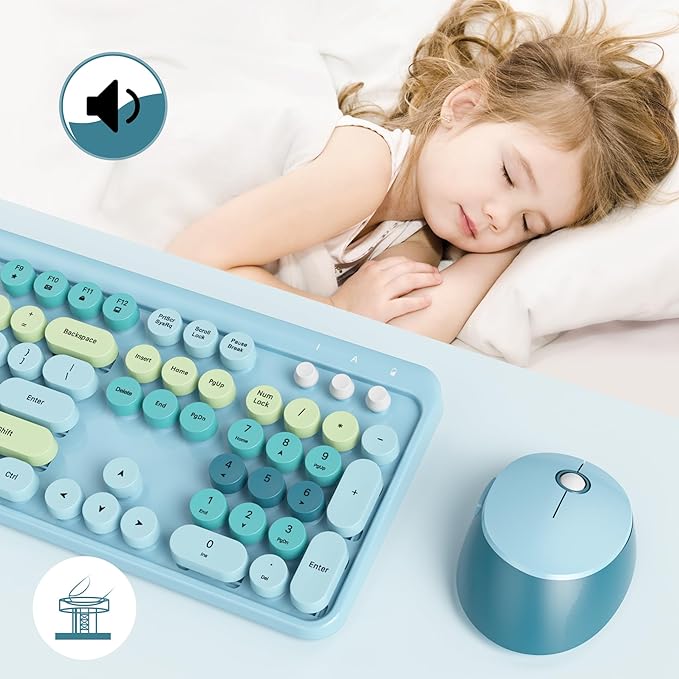 GTSP Typewriter Colorful Wireless Keyboard and Mouse Combo, 2.4GHz Full-Size Retro Cute Office Computer Keyboard with Round Keycaps for Desktop Laptop and PC (Light Blue)