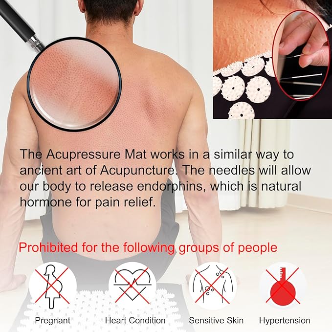 XiaoMaGe Acupressure Mat and Pillow Set with Bag - Extra Long Acupuncture Mat for Neck & Back Pain Relief- Naturally Relaxation Gift for Women - Stress Relief Massage Mat (Black)