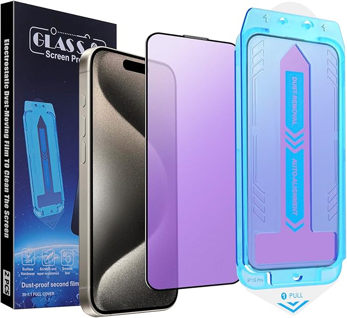2-Pack Anti Blue Light Matte Screen Protector for iPhone 15 Pro, 9H Tempered Glass, Full Coverage, Anti-Fingerprint, Auto Dust-Elimination, No Bubble, Easy Installation