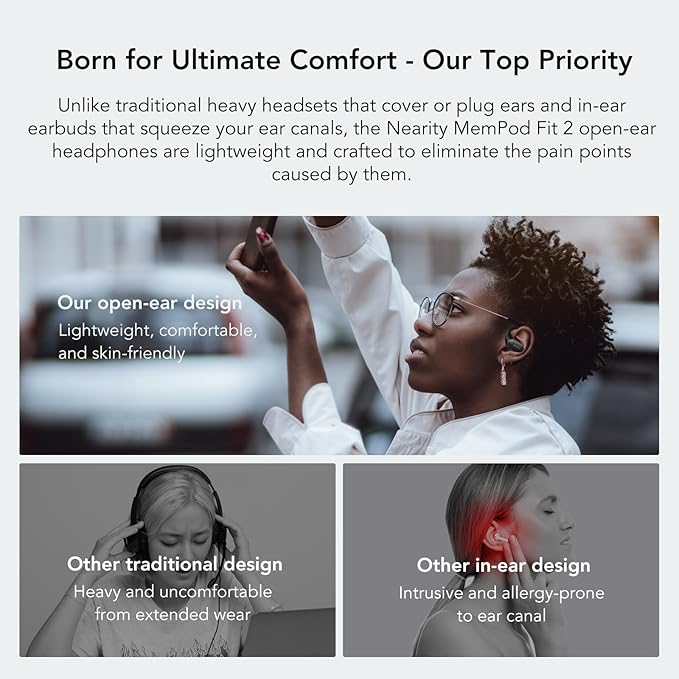MemPod Fit 2 Open Ear Bluetooth Headphones,Wireless Earbuds with Deep Bass, Up to 45H Playtime with Charging Case, Ultra Comfort, Dual Connection, Air Conduction, for Phone/Mac Black