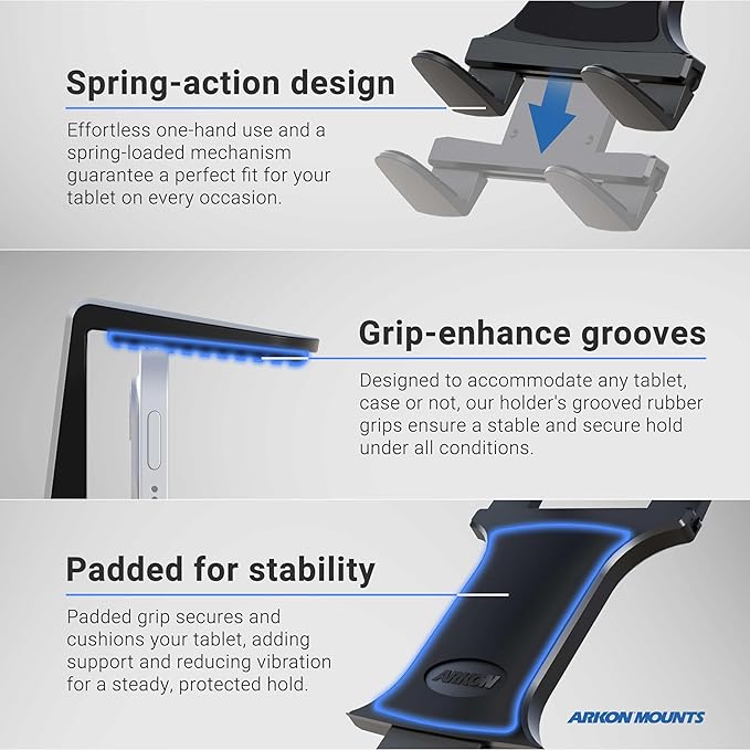 ARKON Mounts - Tablet Holder with Clamp Mount | Corrosion-Resistant | Tablet Stand w/Sturdy Clamp | Security Knob Feature | Two Adjustable Shafts Included | Fits iPad and Samsung Tablets