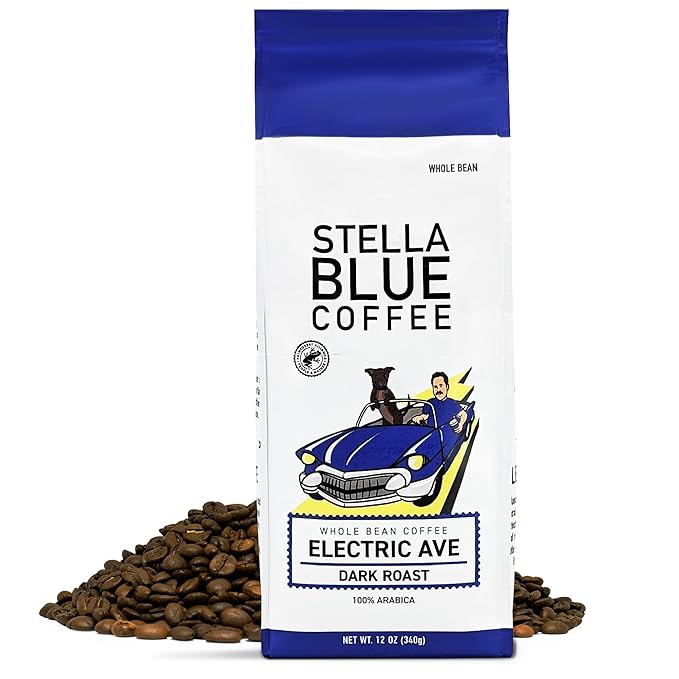 Stella Blue Whole Bean Coffee, Electric Avenue Blend, Dark Roast, Toffee, Dark Chocolate & Subtle Smokey Notes, 100% Arabica, Ethically Sourced from Central and South America, 12 oz bag