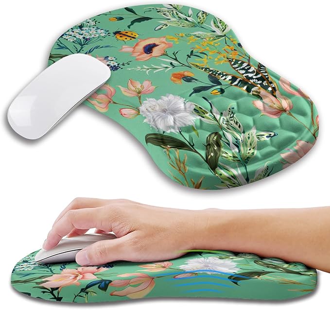 Ergonomic Mouse Pad Wrist Support with Memory Foam Massage Bulge, Carpal Tunnel Pain Relief Mousepad Wrist Rest for Mouse(12x8 inch, Pink Flowers)