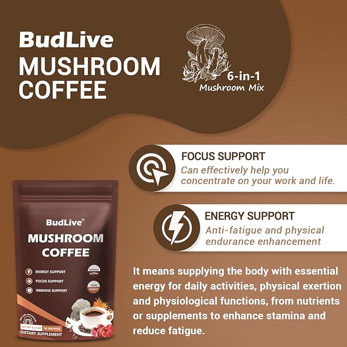 Mushroom Coffee - Instant Coffee Powder with Organic Lion’s Mane, Reishi, Cordyceps, Turkey Tail, King Trumpet & Shiitake, Adaptogenic 6 Mushrooms for Energy, Digestion & Immune Support, 30 Servings