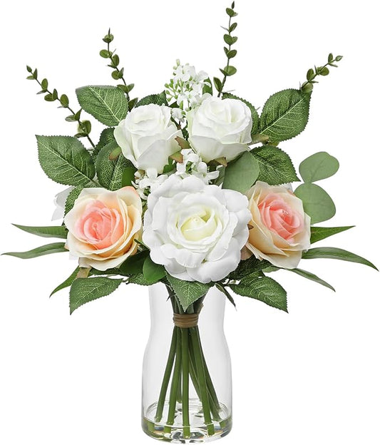 Hollyone Faux Flowers in Vase Artificial Silk Rose Flowers with Faux Eucalyptus Plants Arrangement with Vase Rose Flowers Bouquets Table Centerpieces Decorations Living Room Office Bathroom Home Decor