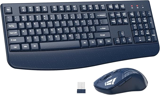 Wireless Keyboard and Mouse Combo, ULSOU 2.4G Full-Sized Ergonomic Computer Keyboard with Wrist Rest and 3 Level DPI Adjustable Wireless Mouse for Windows, Mac OS Desktop/Laptop/PC(Blue)