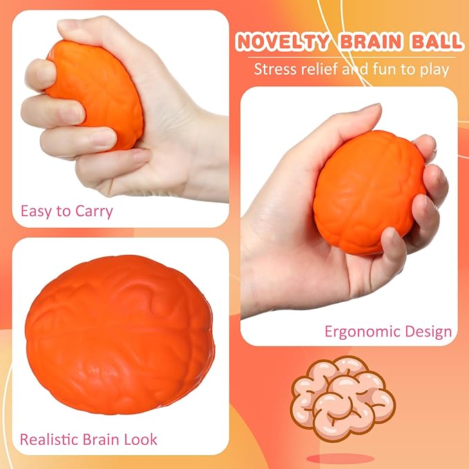 Leitee 12 Pcs Brain Stress Balls Bulk Large Halloween Brain Toys PU Hand Muscle Exercise Pressure Ball Funny Stress Relief Toy for Teens Adult Improving Grip Strength Prop(Orange)