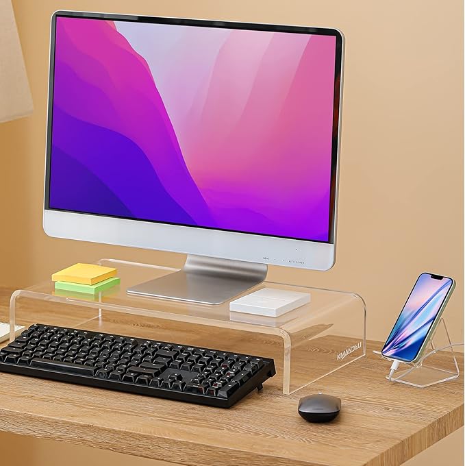 Premium Acrylic Monitor Stand – Extra-Wide 20" L x 10" W x 4" H Clear Computer Riser, Laptop Stand, Sleek Desktop Organizer for Office & Home, TV, Printer, with Bonus Acrylic Phone Stand