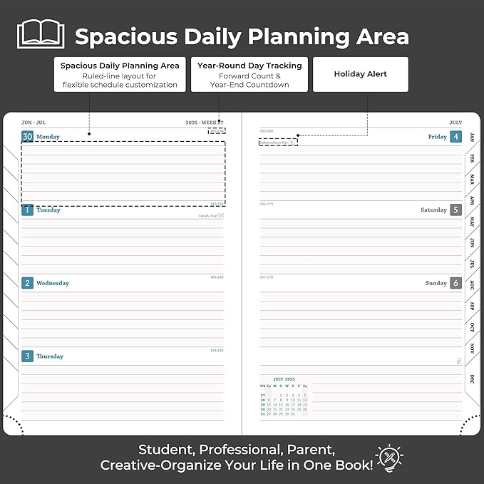 Planner 2025-2026 Daily Weekly and Monthly,11.5"x8.5",18 Months Spiral Bound Calendar Agenda with Self-adhesive Pen Holder,2026 Academic Plan with Vegan Leather Soft Cover,Black