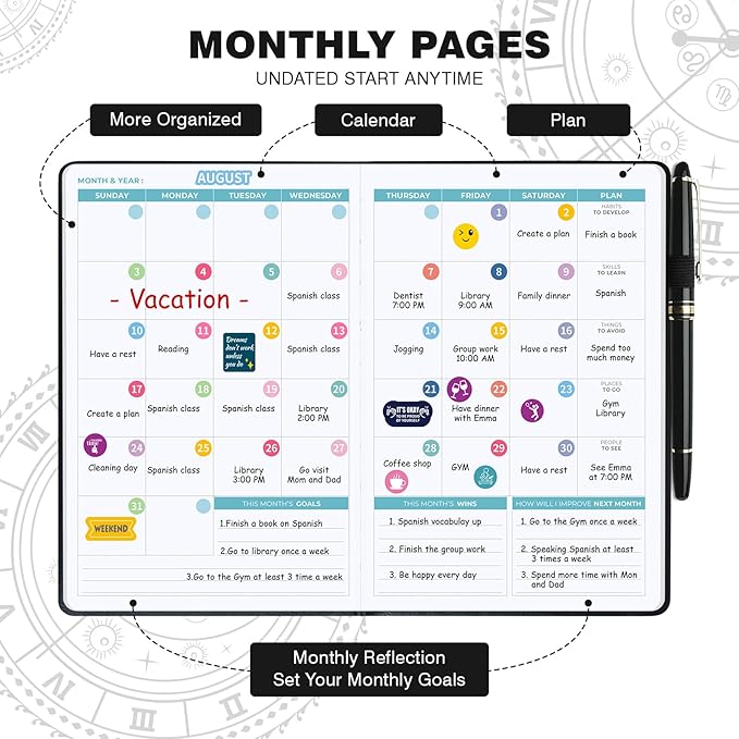 2025-2026 Undated 12 Month Planner Hardcover (5.5x8.5") - Weekly & Monthly Academic Life Organizer, Productivity Journal, Thick Paper, Sticker, Bookmark, Pen Loop(BLack)