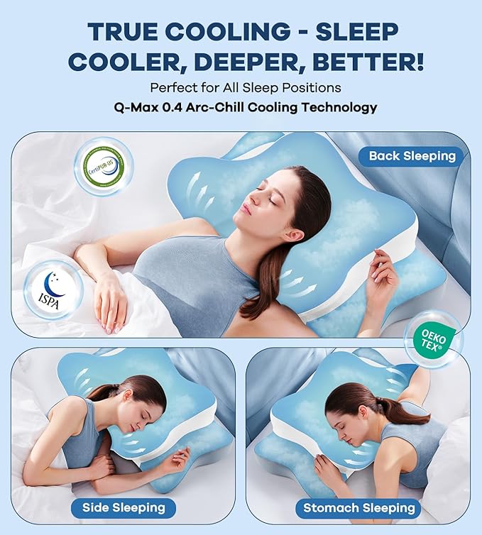 Cervical Pillow for Neck Pain Relief -Cooling Ergonomic Memory Foam Pillow with Ice Silk Pillowcase, Dual-Height Orthopedic Support Contour Pillow for Side/Back/Stomach Sleepers, CertiPUR-US Certified