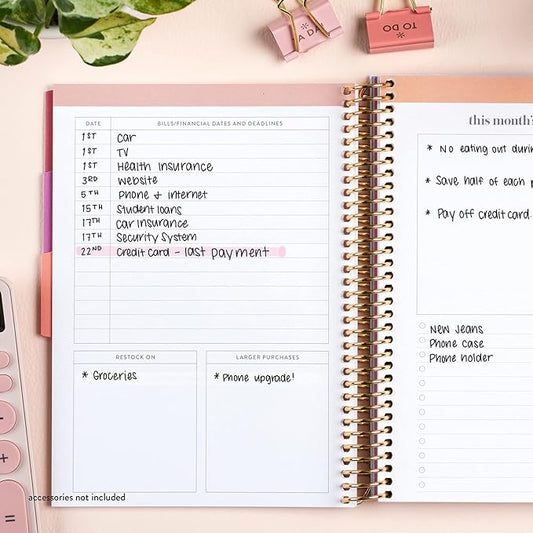 Erin Condren Coiled Budget Planner, A5 Finance Organizer with Monthly Layouts, Tabbed Sections, Savings and Expense Trackers, Debt Management Budget Book, Stickers, and Goal Planning Pages
