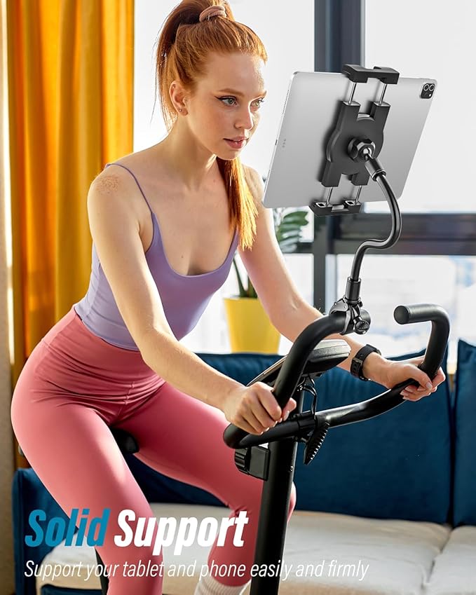 Gooseneck Spin Bike Tablet Holder, Handlebar Clamp Tablet Mount for Stroller, Wheelchair, Indoor Peloton, Treadmill, Stationary Exercise Bicycle, Elliptical, for 4-13" iPad Pro Air Mini, Galaxy, Fire