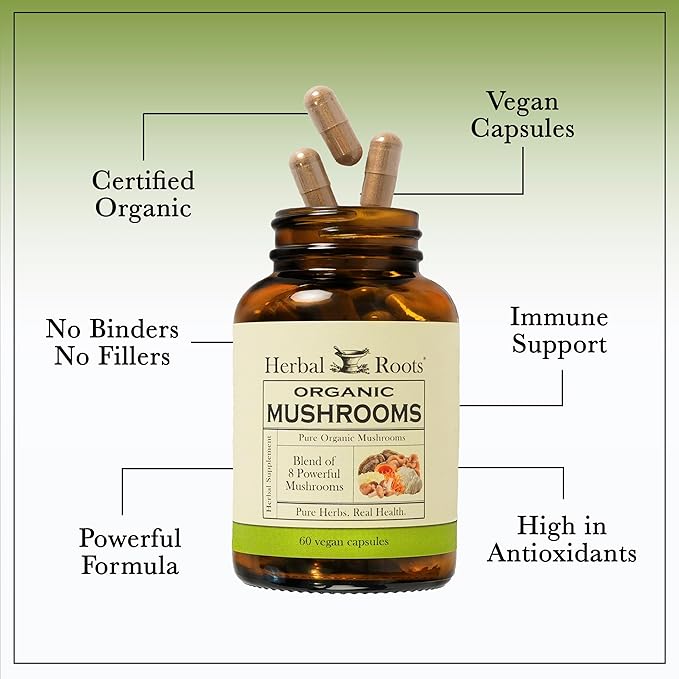 Herbal Roots Brain Health Duo, Organic Mushrooms and Organic Ginkgo Biloba, Powerful Boost for Brain Health, Non-GMO